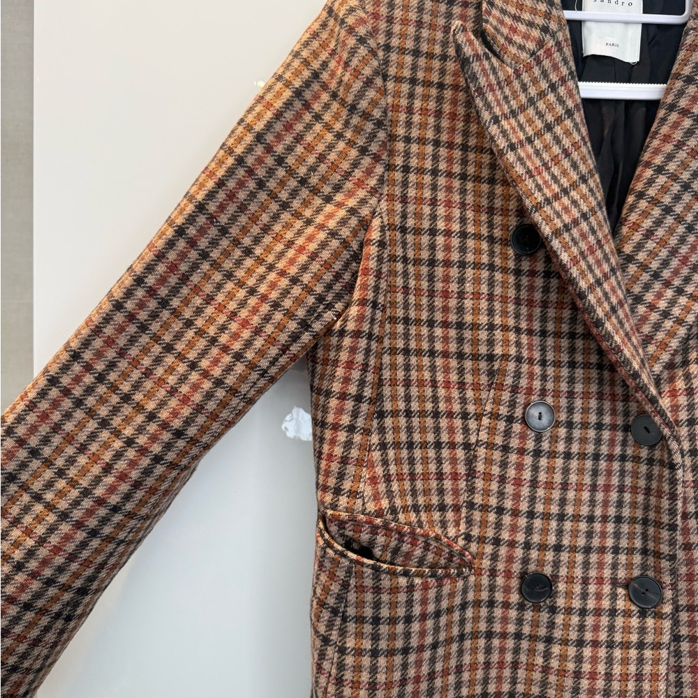 SANDRO Double-Breasted Long Plaid Coat in Brown - Picture 4 of 8